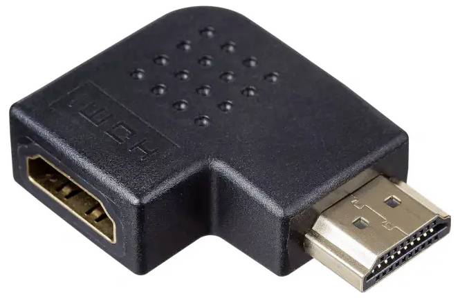 Czarny adapter kątowy HDMI z wtyczką męską i żeńską, umożliwia elastyczne połączenie kabli w ciasnych przestrzeniach.