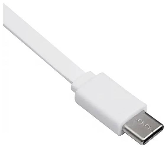 Kabel USB-C z białym przewodem i wtyczką, odpowiedni do przesyłania danych i ładowania kompatybilnych urządzeń.