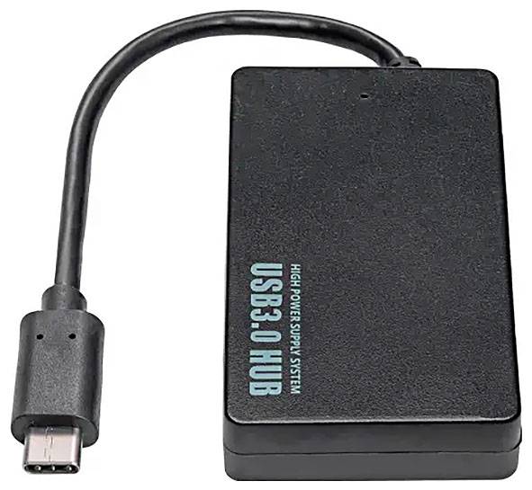 Zewnętrzny hub USB 3.0 ze zintegrowanym kablem USB-C, odpowiedni do rozszerzania portów USB w komputerach lub urządzeniach.