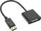 Czarny adapter z wtyczką DisplayPort po lewej stronie i gniazdem DVI po prawej stronie, połączony krótkim kablem.