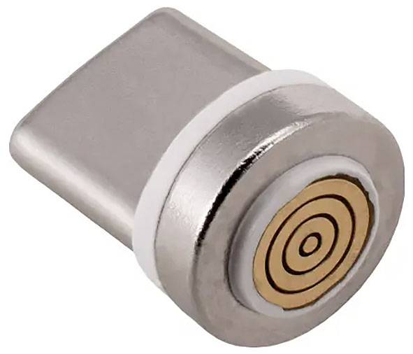 Mały magnetyczny adapter USB-C z okrągłym designem złącza, służący do łatwego podłączania i odłączania kabli.