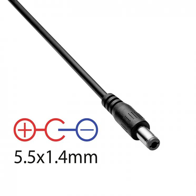 Wtyczka prądu stałego o wymiarach 5,5 x 1,4 mm. Symbol wtyczki pokazuje zaciski dodatni i ujemny.