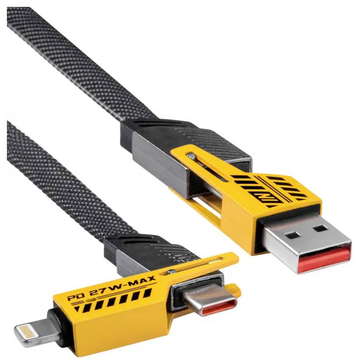 Kabel USB z żółtym złączem, oznaczony 'PD 27W-MAX'. Jeden ma złącze USB-A, drugi ma złącze USB-C.
