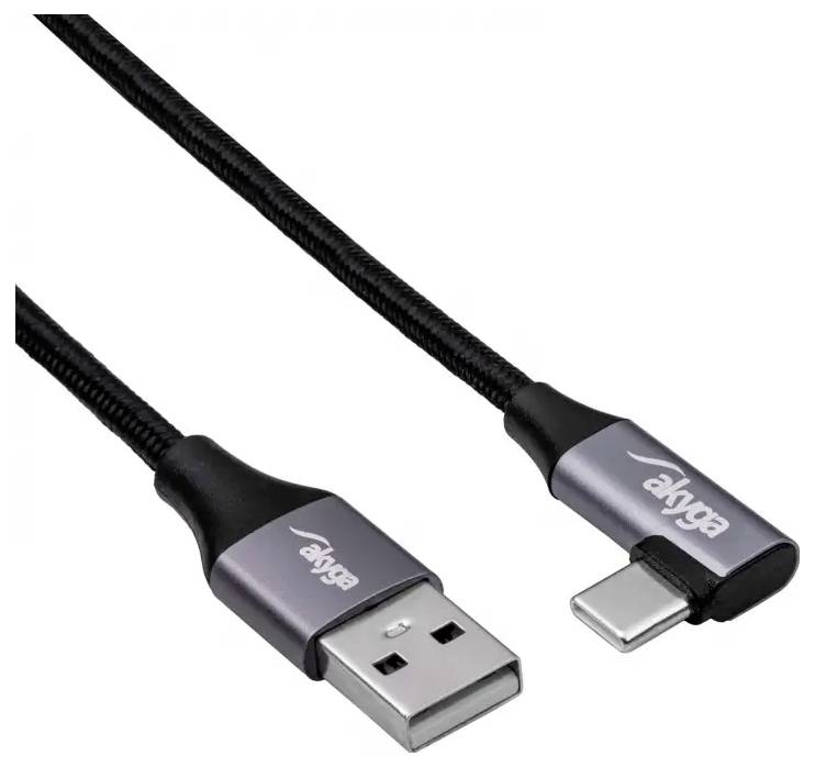 Kabel USB-C na USB-A firmy Akyga z plecionym zewnętrznym osłoną kabla; odpowiedni do przesyłania danych i ładowania.