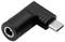 Czarny adapter USB-C w kształcie kąta prostego z gniazdem na słuchawki. Odpowiedni do podłączania akcesoriów audio.