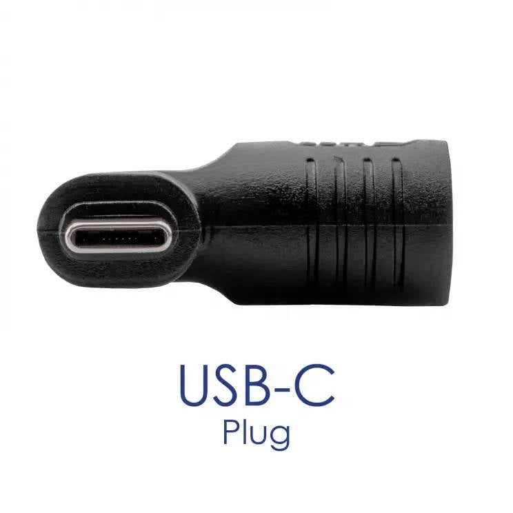 Zbliżenie czarnego wtyczki USB-C na białym tle. Poniżej widnieje niebieski napis 'USB-C Plug'.