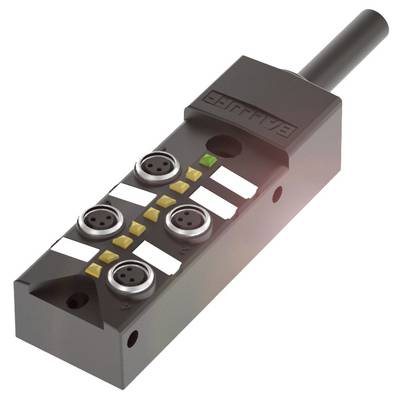 Czarne urządzenie elektroniczne z kilkoma okrągłymi złączami i małymi prostokątnymi przyciskami, prawdopodobnie czujnik lub skrzynka rozdzielcza.