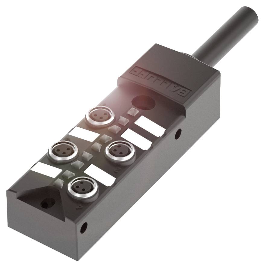 Prostokątny, czarny elektryczny łącznik z wieloma okrągłymi gniazdami i kablem, odpowiedni do łączenia urządzeń elektronicznych.