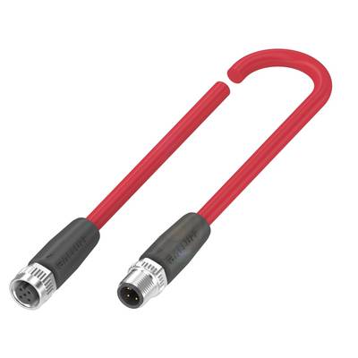 Czerwony kabel Ethernet M12 z jednym prostym i jednym kątowym złączem, odpowiedni do zastosowań przemysłowych.