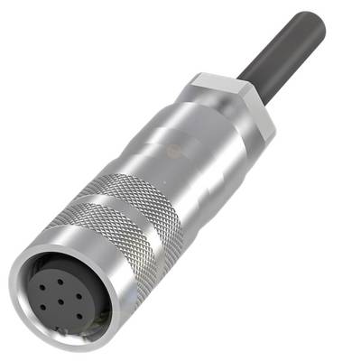Srebrny, cylindryczny metalowy wtyk z sześcioma okrągłymi gniazdami kontaktowymi. Na końcu podłączony jest czarny kabel.