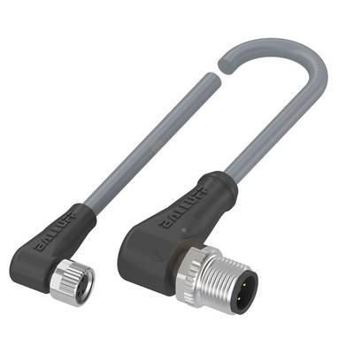Szary kabel z wtyczką kątową M8 z czarną częścią gwintowaną i srebrnym złączem, po prawej stronie z podłączonym metalicznym pierścieniem.