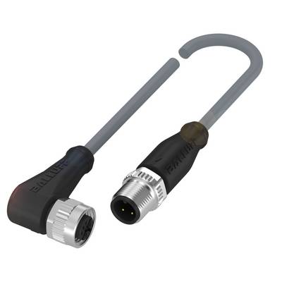 Dwa zagięte przemysłowe złącza wtykowe z kablami, jedno z gniazdem, drugie z wtyczką, połączone szarymi kablami.
