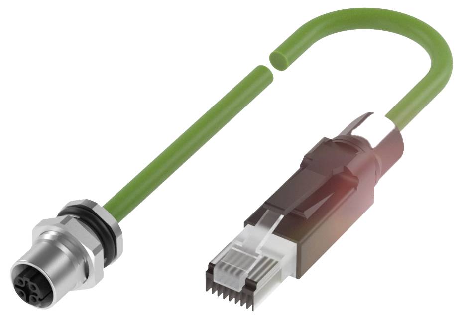 Złącze M12 z kątowym wtyczką RJ45, połączone zielonym kablem, przeznaczone do przemysłowych zastosowań Ethernet.
