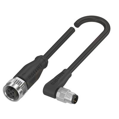 Prosty i kątowy kabel M12 z przyłączem czujnika. Odpowiedni do podłączania urządzeń przemysłowych. Widoczne logo producenta.