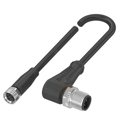 Czarny, kątowy kabel złączowy z metalowymi wtyczkami firmy Balluff, pokazujący 5-biegunowe możliwości połączeń.