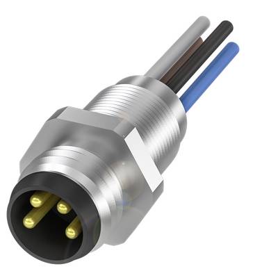 Zbliżenie elektrycznego złącza z czterema kolorowymi kablami. Wtyczka jest metaliczna i ma kształt cylindryczny.