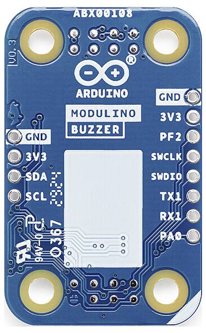 Niebieska płytka modułowa Arduino z napisem 'ARDUINO MODULINO BUZZER' i kilkoma złączami dla GND, 3V3, SDA, SCL itp.
