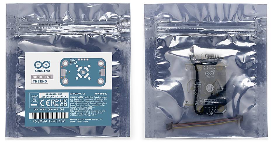 'Ilustracja dwóch opakowań czujników Arduino. Po lewej opakowanie z etykietą, po prawej otwarte opakowanie z zawartością.'