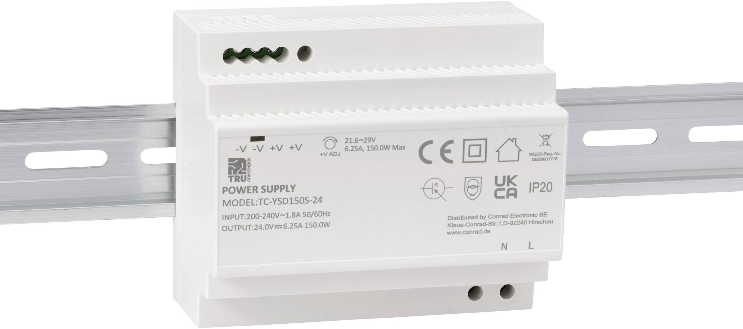 'Biały zasilacz oznaczony marką Traco Power, model TLY 15DIN, zasilanie wejściowe 230-240V, wyjście 24V. Symbole wskazują ostrzeżenia dotyczące napięcia.'