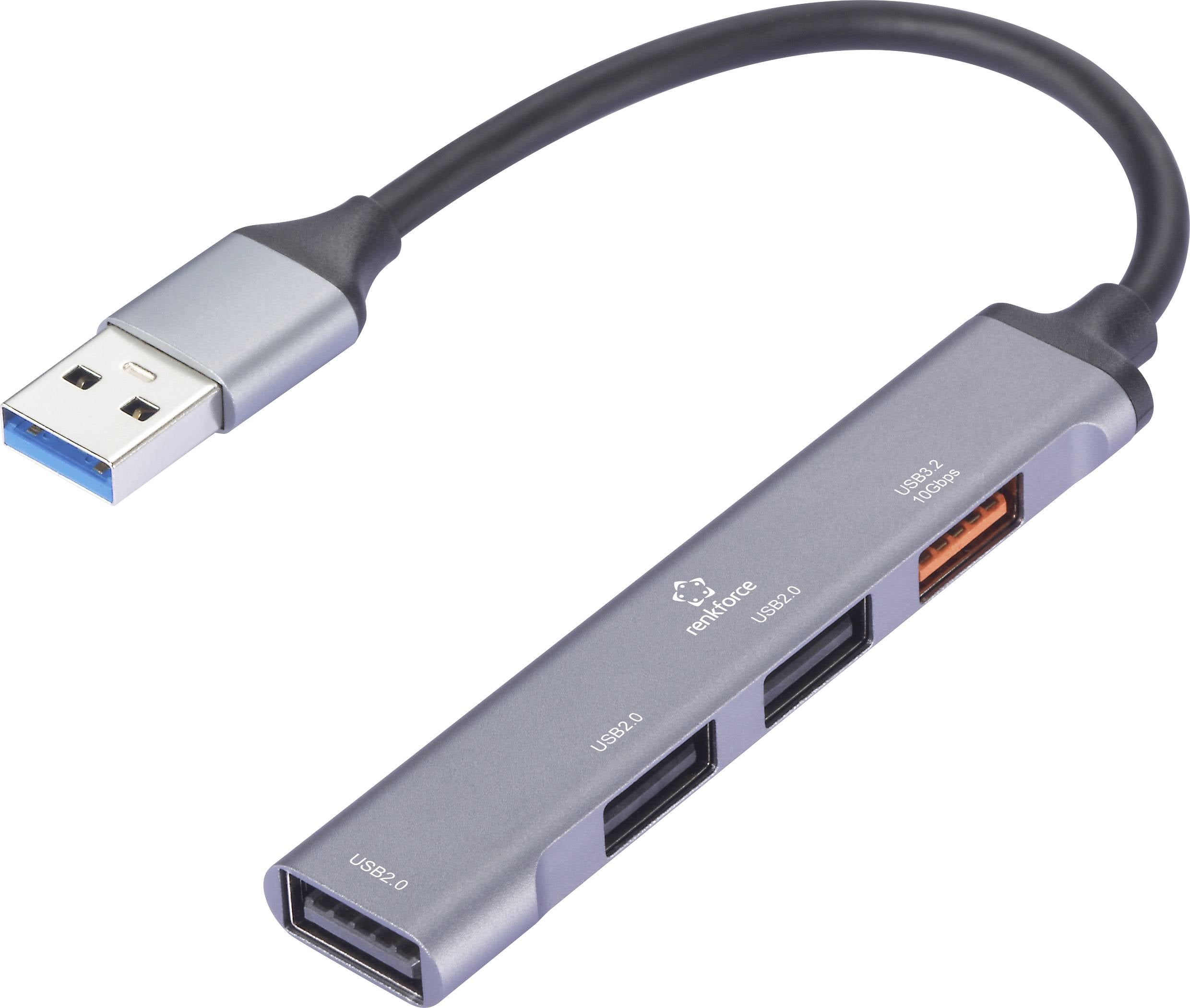 USB-хаб Renkforce RF-6855462, 4 порти USB-A, USB 3.2 Gen2, 10 Гбіт/с, алюмінієвий корпус, сірий, RF-USBH-200