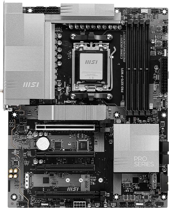 Płyta główna marki MSI, model 'PRO B760-P WIFI', pokazuje gniazda, złącza i radiatory, odpowiednia do budowy komputera.