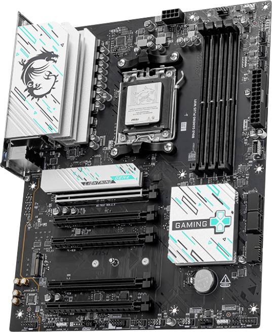 Płyta główna komputera z wieloma gniazdami i złączami, ozdobiona grafikami. Rzucają się w oczy radiatory z logo.