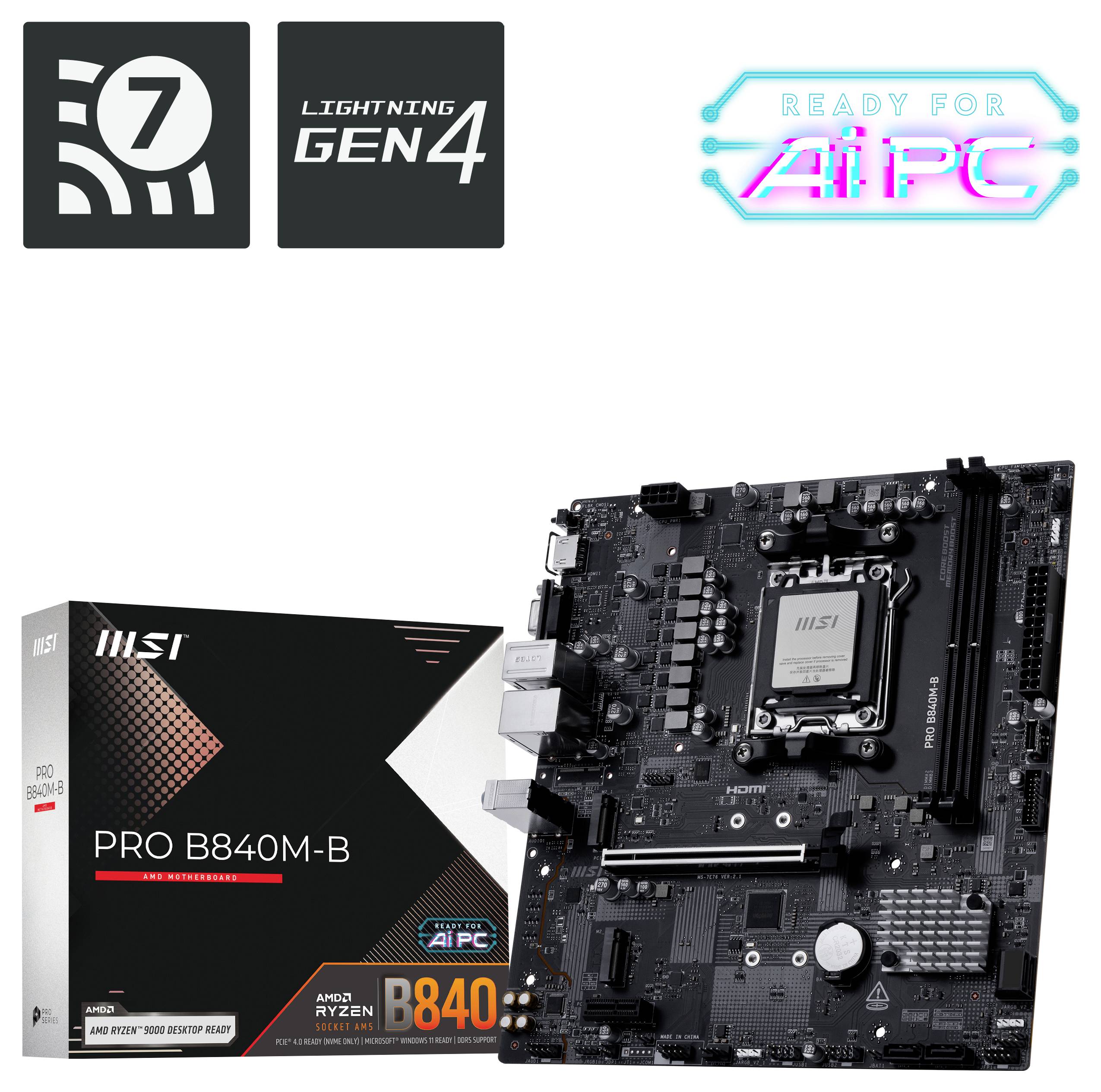 Płyta główna MSI PRO B840M-B z obsługą Lightning Gen4, pokazana wraz z opakowaniem. Kompatybilna z procesorami AMD Ryzen serii 7000, gotowa do pracy z komputerem AI.