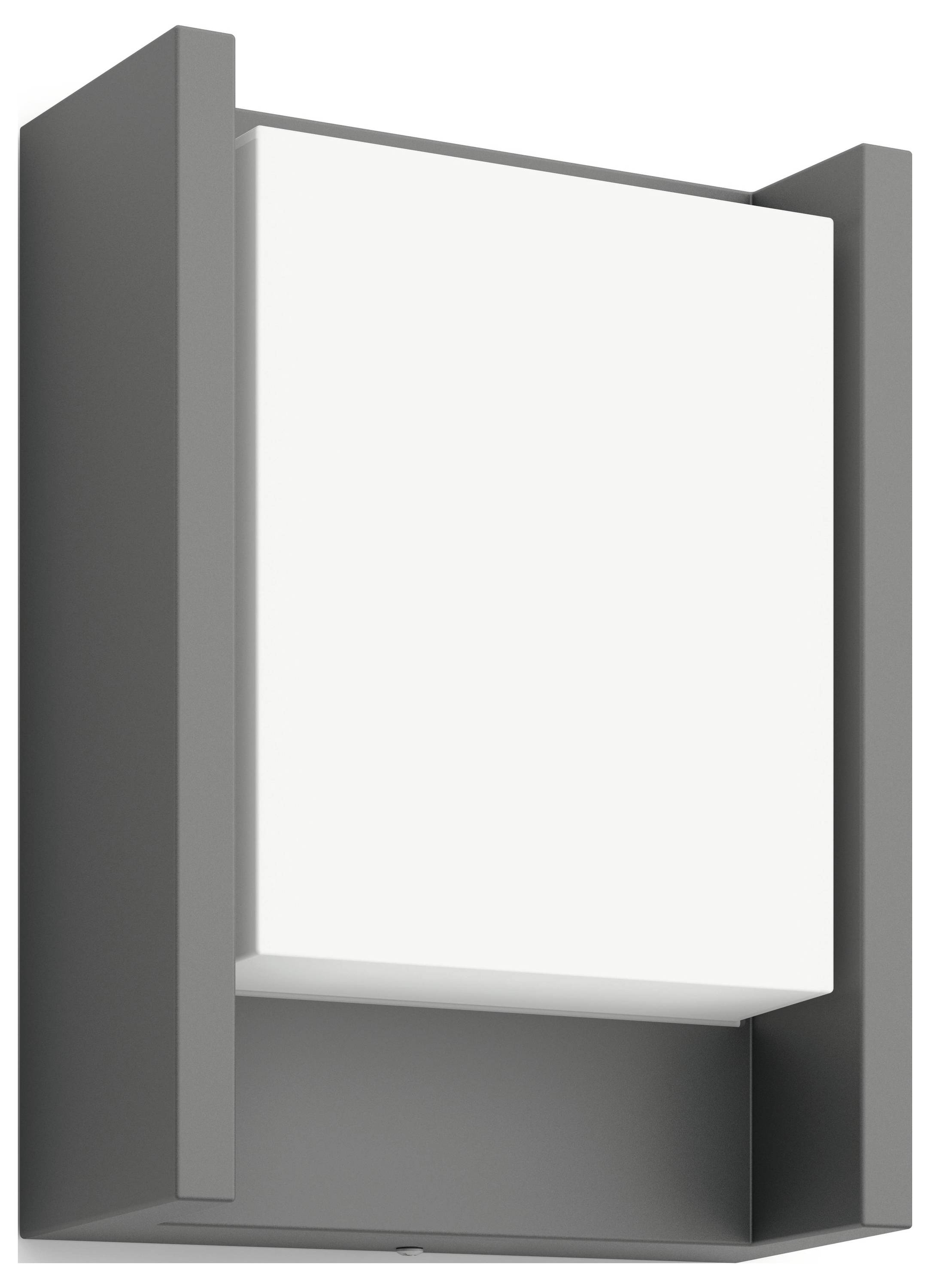 Nowoczesna lampa zewnętrzna z prostokątną, szarą ramą i białym źródłem światła, zamontowana do oświetlenia pionowego.