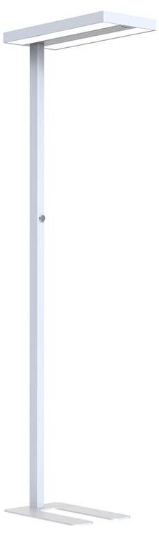 Biała lampa stojąca z nowoczesną, prostokątną głowicą i smukłą, prostą konstrukcją. Idealna do biura lub pomieszczeń mieszkalnych.