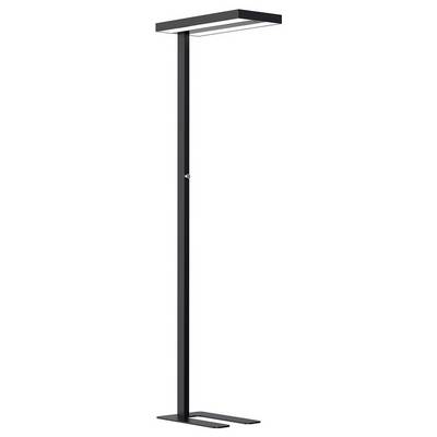 Czarna lampa stojąca z prostokątnym abażurem i wąską, prostoliniową podstawą. Minimalistyczny design, odpowiedni do nowoczesnych wnętrz.