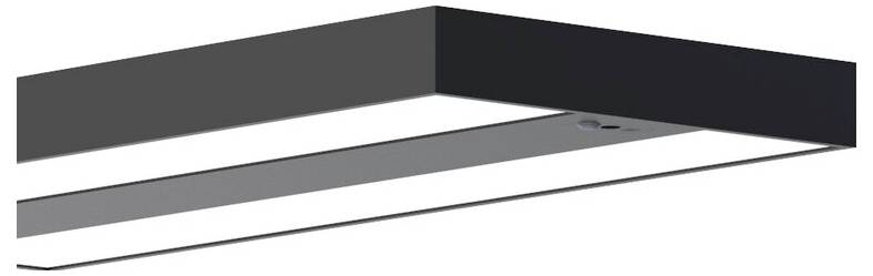 Czarna, prostokątna lampa sufitowa LED z białymi powierzchniami świecącymi do nowoczesnego oświetlenia pomieszczeń.