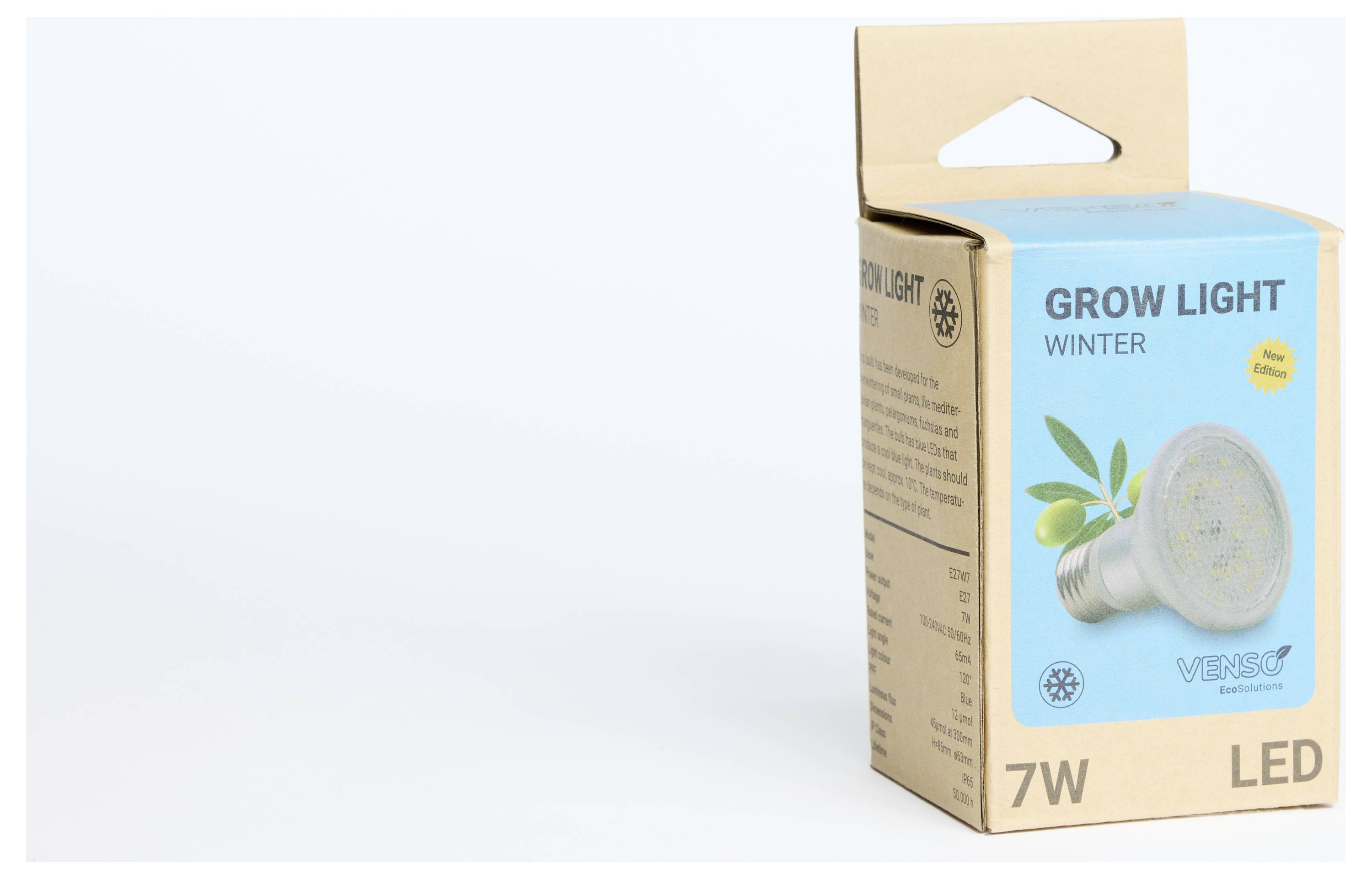 Opakowanie lampy LED dla roślin, marka Venso, 7 watów, z napisem 'Grow Light Winter'. Opakowanie przedstawia obraz żarówki i rośliny.
