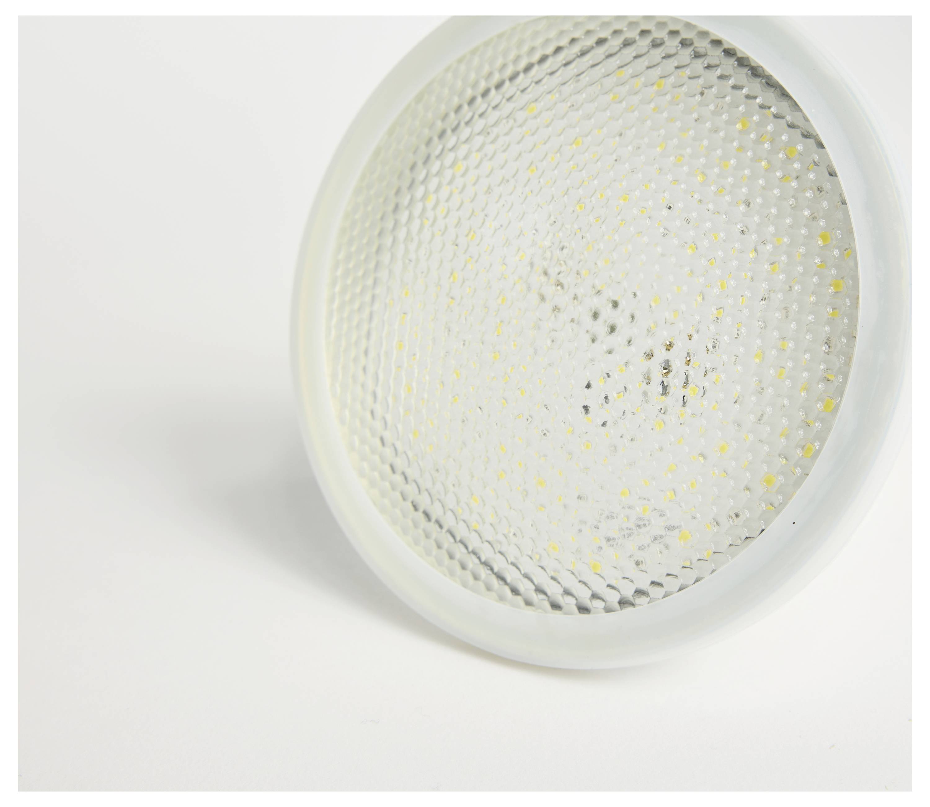 Biała lampa LED z teksturowaną soczewką osłonową na białym tle.