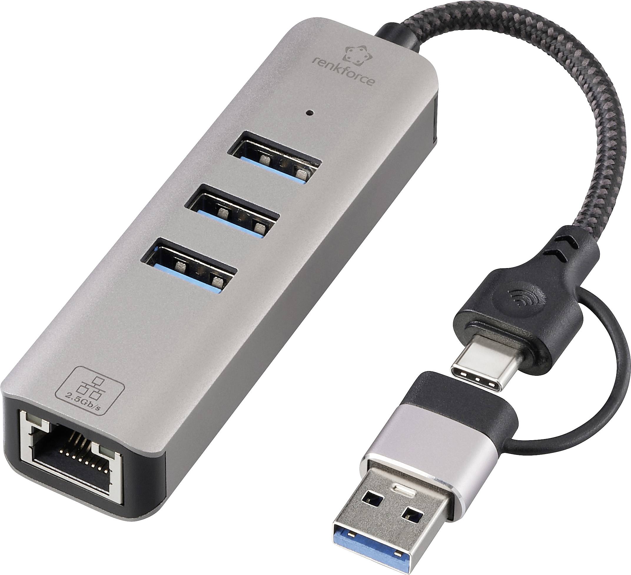 USB-хаб Renkforce RF-6856046, 3 порти USB-A, RJ45 USB 3.2 Gen1, 5 Гбіт/с, з вбудованим мережевим роз'ємом, сірий, RF-EAWH-300