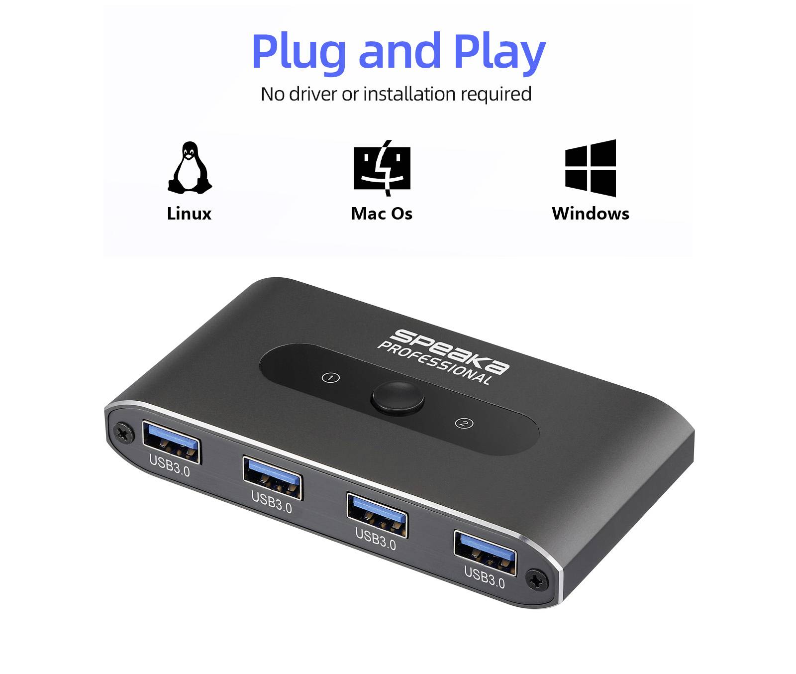 Czarny hub USB z czterema portami USB 3.0, oznaczony etykietą 'Speaka Professional'. Tekst powyżej głosi 'Plug and Play' z logotypami systemów Linux, Mac OS i Windows.