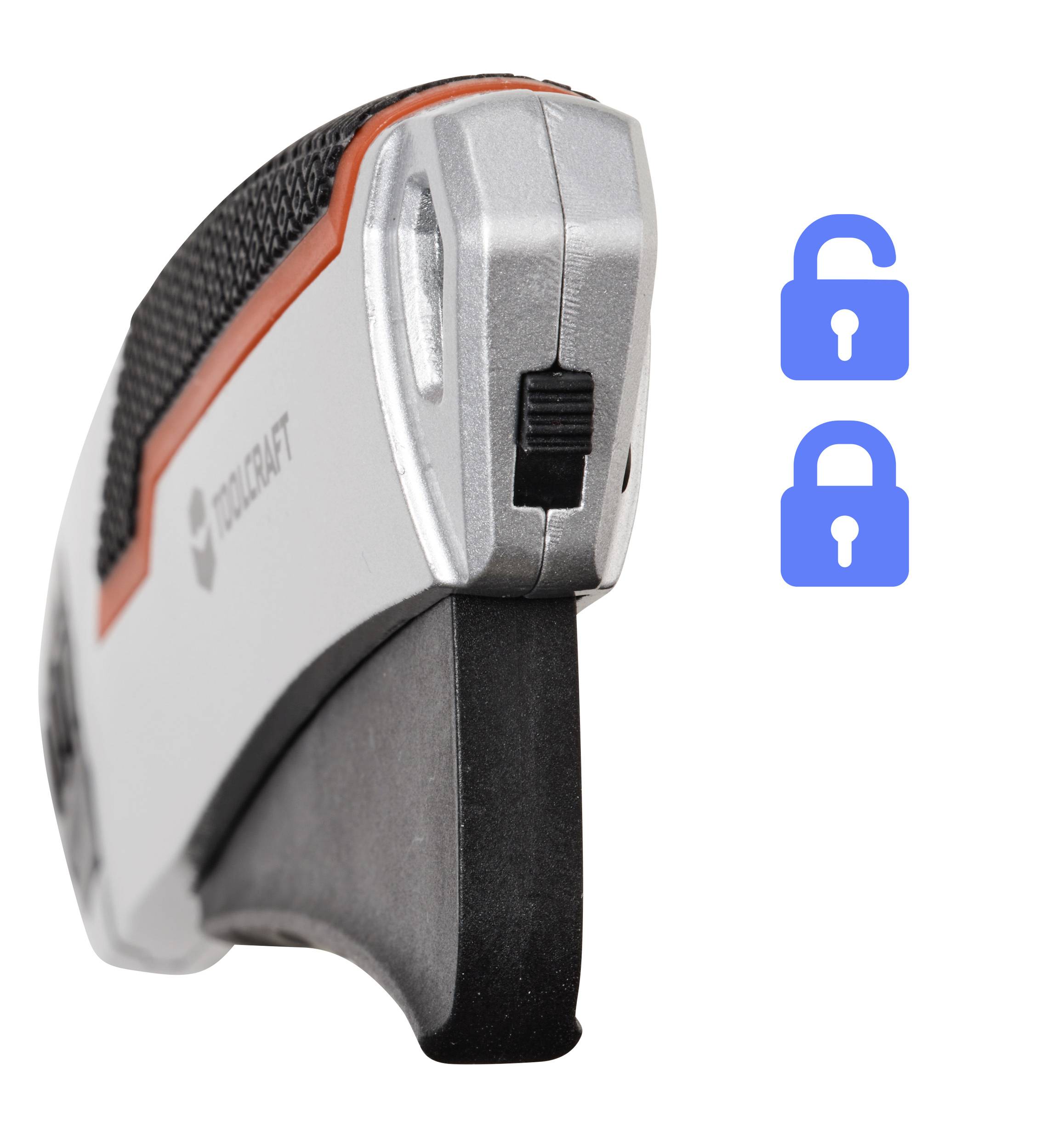 Nóż uniwersalny z boczną blokadą bezpieczeństwa, wyposażony w niebieskie ikony kłódki po prawej stronie, wskazujące stan zablokowania.