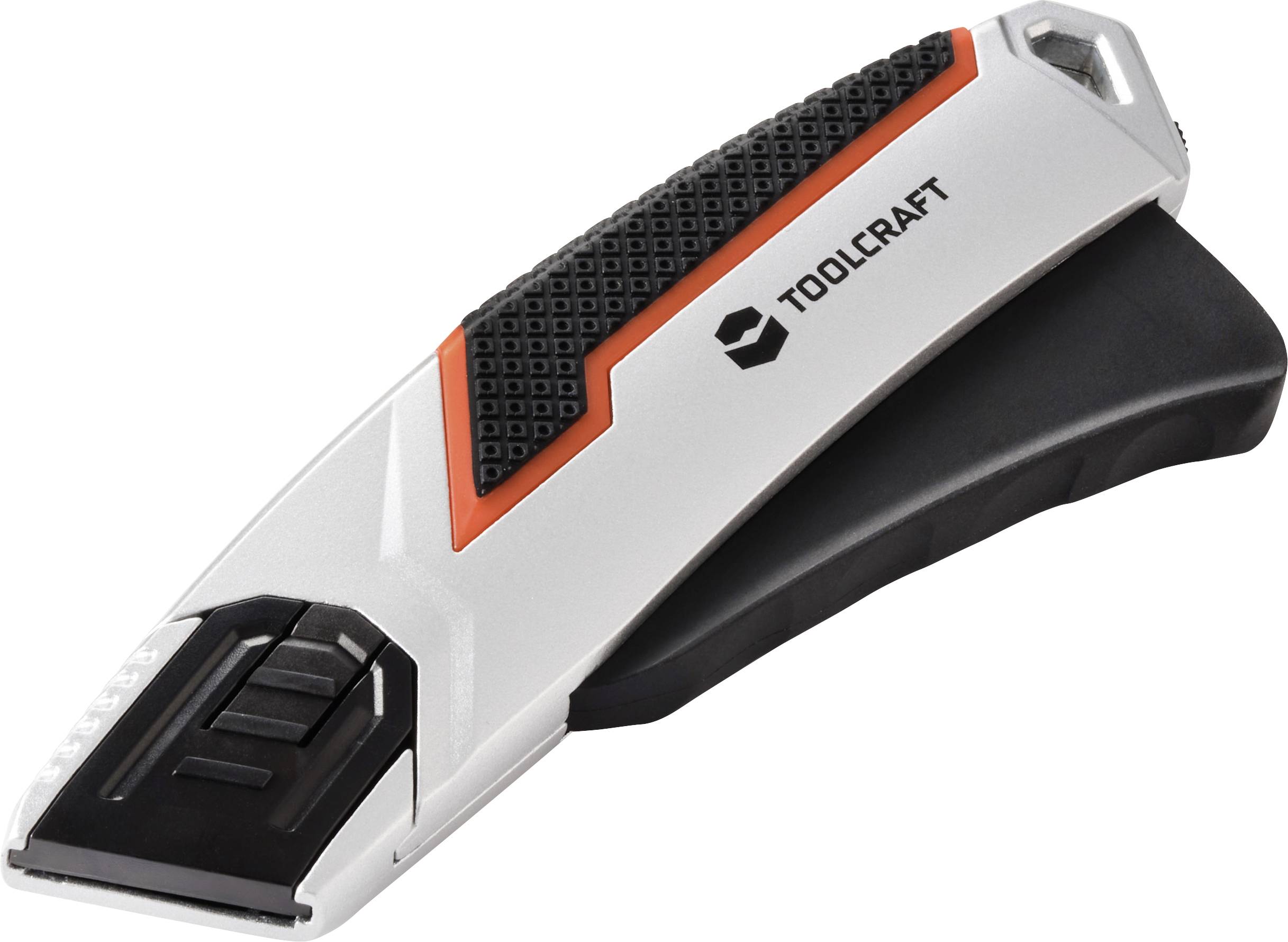 Nóż uniwersalny z wysuwanym ostrzem, ergonomicznym uchwytem oraz schematem kolorystycznym w czerni, czerwieni i srebrze.