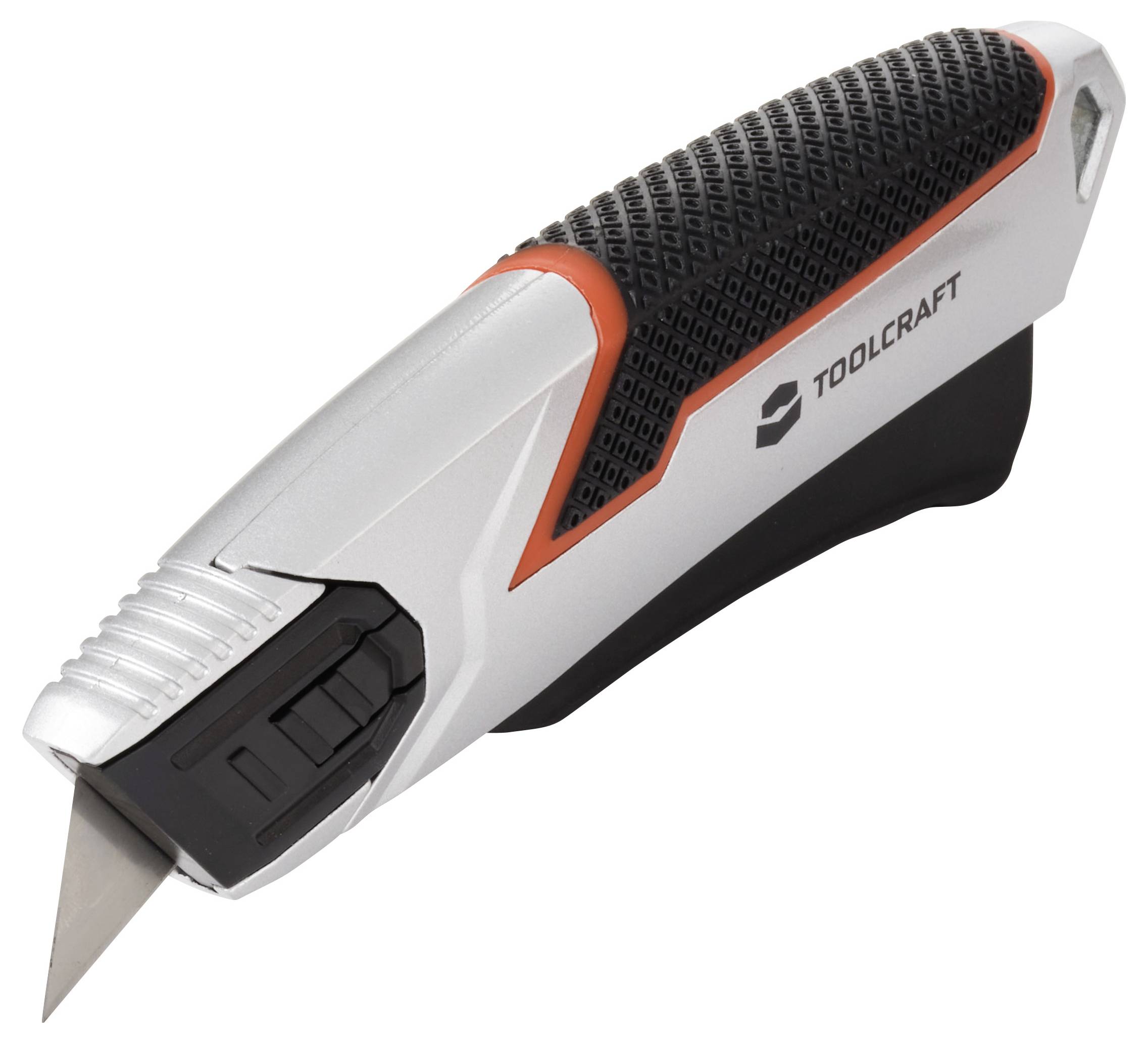 Srebrny nóż wielofunkcyjny z teksturowanym czarnym uchwytem i pomarańczowymi akcentami, wyposażony w chowaną ostrze, z widoczną nazwą marki 'Toolcraft'.