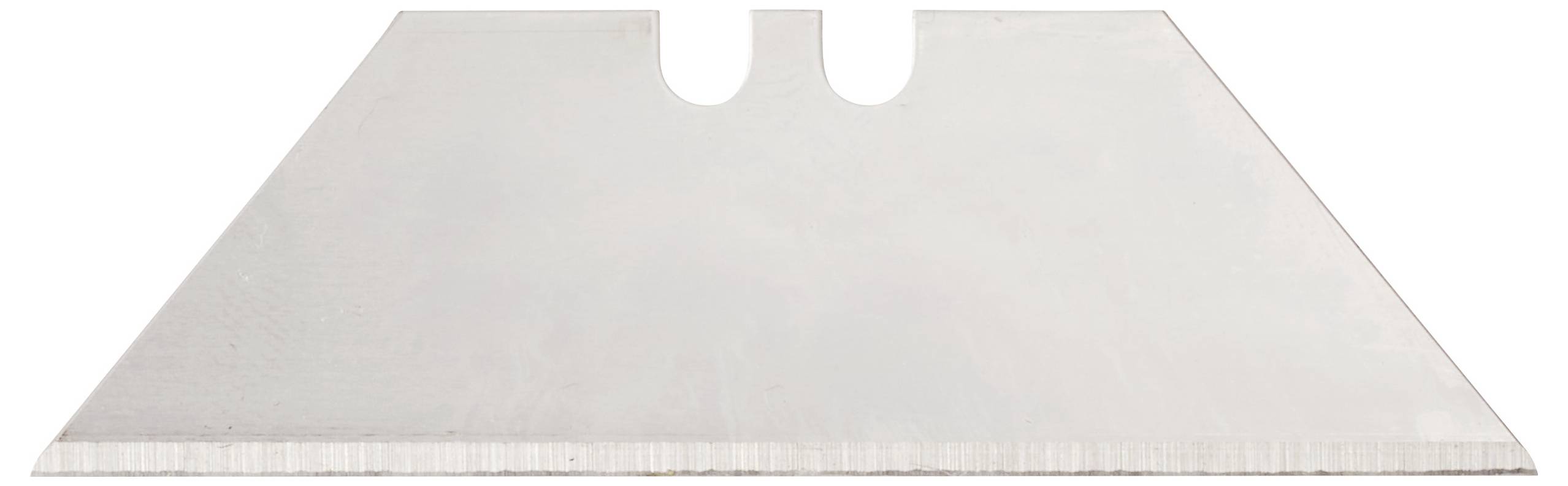 Srebrny, trapezoidalny stalowy nóż uniwersalny z dwoma centralnymi wcięciami i ostrą krawędzią, używany do cięcia lub rzeźbienia materiałów.