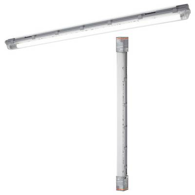 Długa lampa LED w kształcie prostokątnym z przezroczystą obudową, odpowiednia do zastosowań przemysłowych lub komercyjnych. Opakowanie w zestawie.