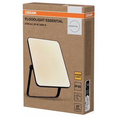 Opakowanie lampy halogenowej OSRAM 'Floodlight Essential', 2700 lm, 30 W, 3000 K, IP65, nadającej się do użytku zewnętrznego.