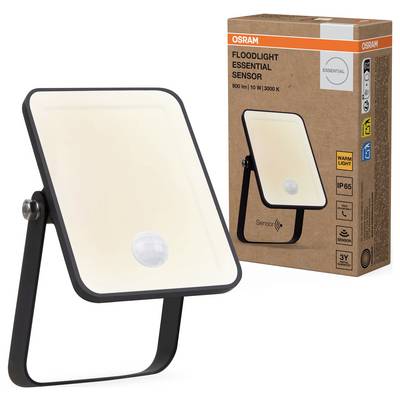 Reflektor LED z czujnikiem ruchu, klasa energetyczna A+, 3000K ciepła biel, 900 lumenów, 10W. Opakowanie przedstawia szczegóły produktu i loga.
