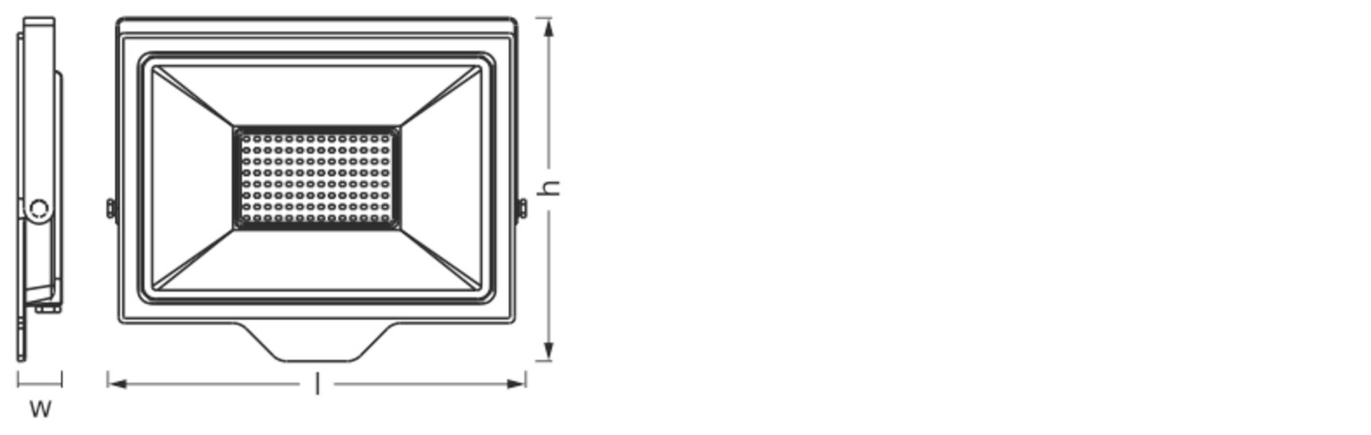 Rysunek prostokątnego reflektora LED z wymiarami szerokości (w) i wysokości (h). Widok z boku pokazuje kąt mocowania.