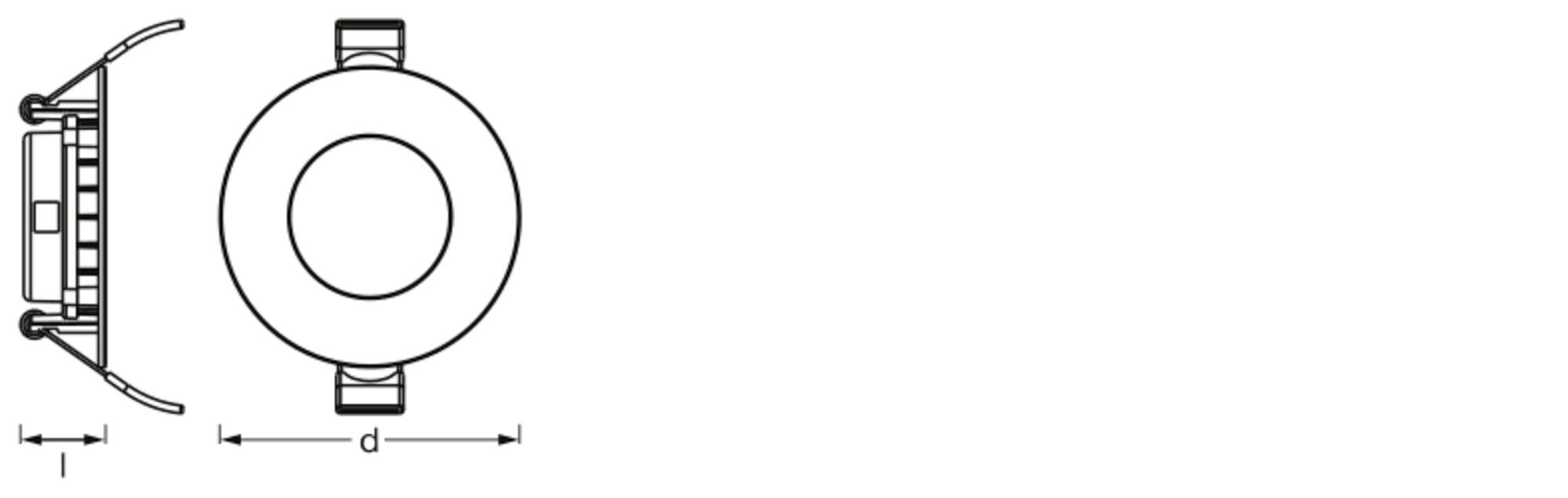 Rysunek techniczny okrągłego reflektora wpuszczanego z wymiarami. Przedstawia widok z przodu i profil przekroju do montażu w sufitach.