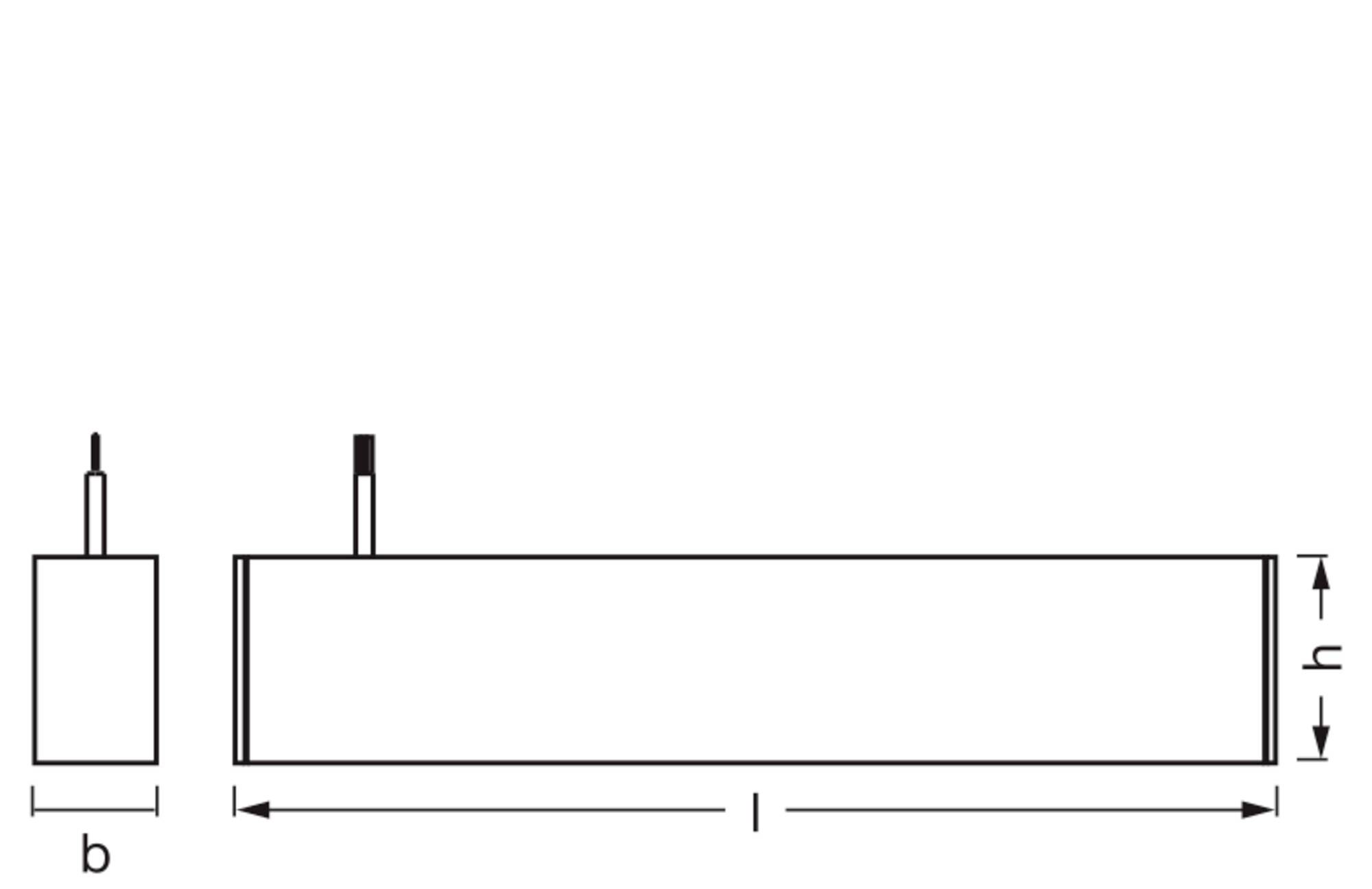 Rysunek techniczny prostokątnej belki z wymiarami b, l i h oznaczonymi. Widok z boku pokazuje otwory u góry.