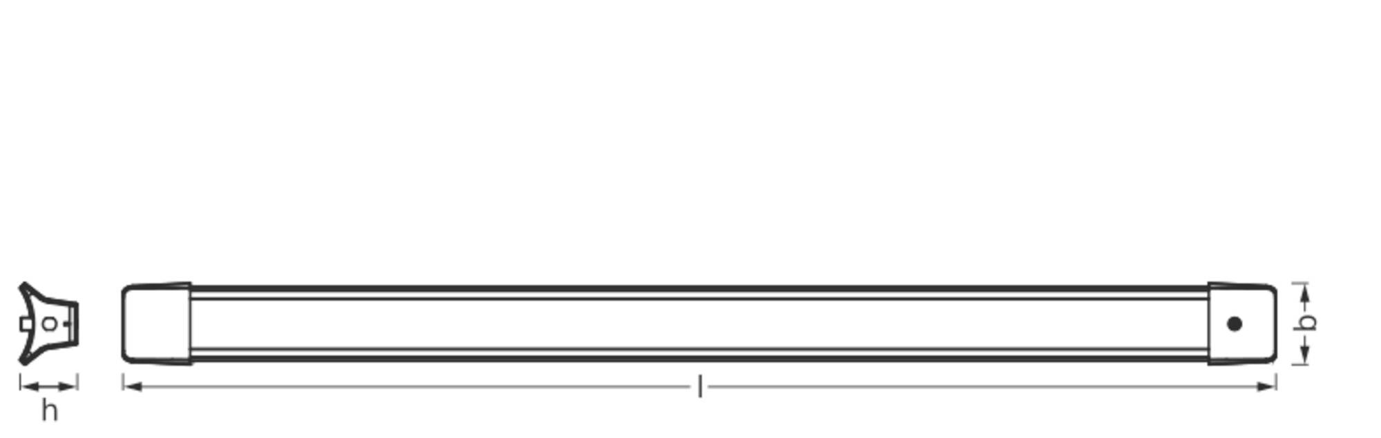 Rysunek liniowy wydłużonego elementu konstrukcyjnego z podanymi wymiarami: wysokość (h), szerokość (b) i długość (l). Po lewej stronie znajduje się zacisk.
