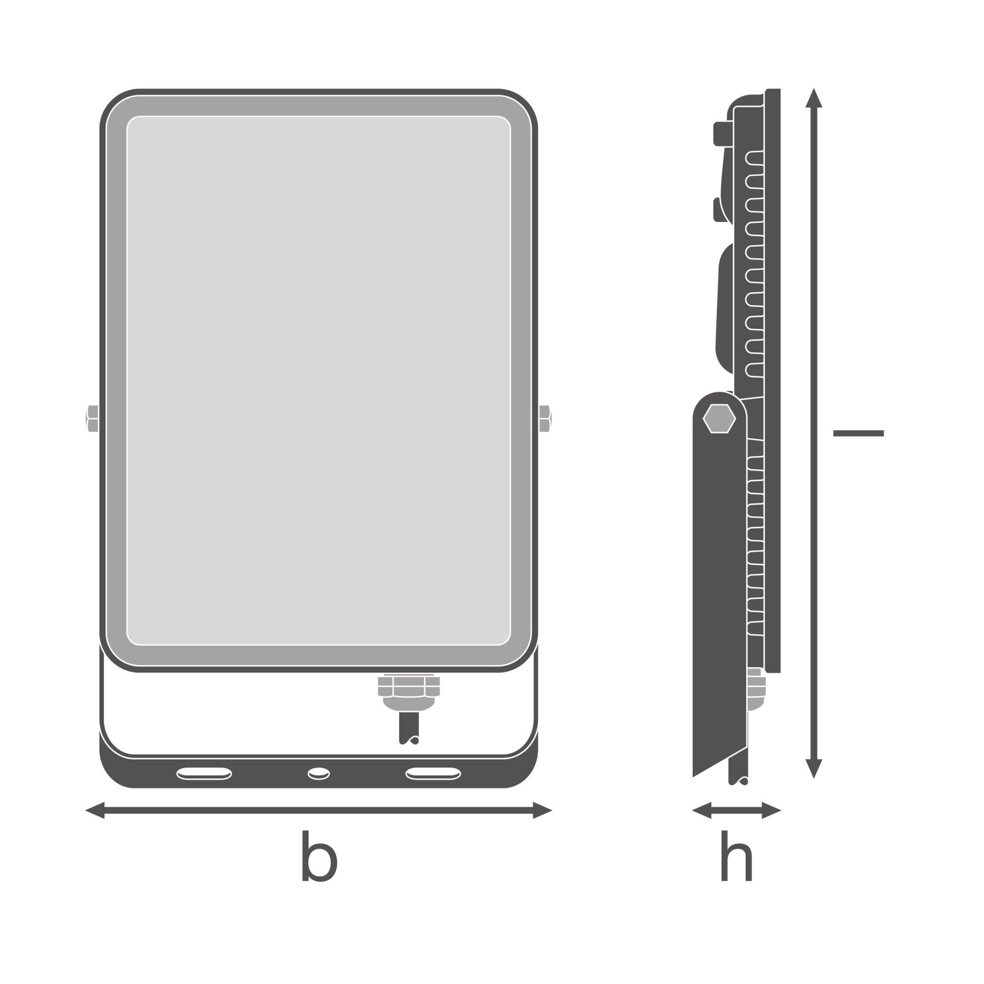 Reflektor z prostokątną obudową, montowany boczny. Wymiary: szerokość (b) i wysokość (h) wyraźnie widoczne. Widok z boku pokazuje dystanse.