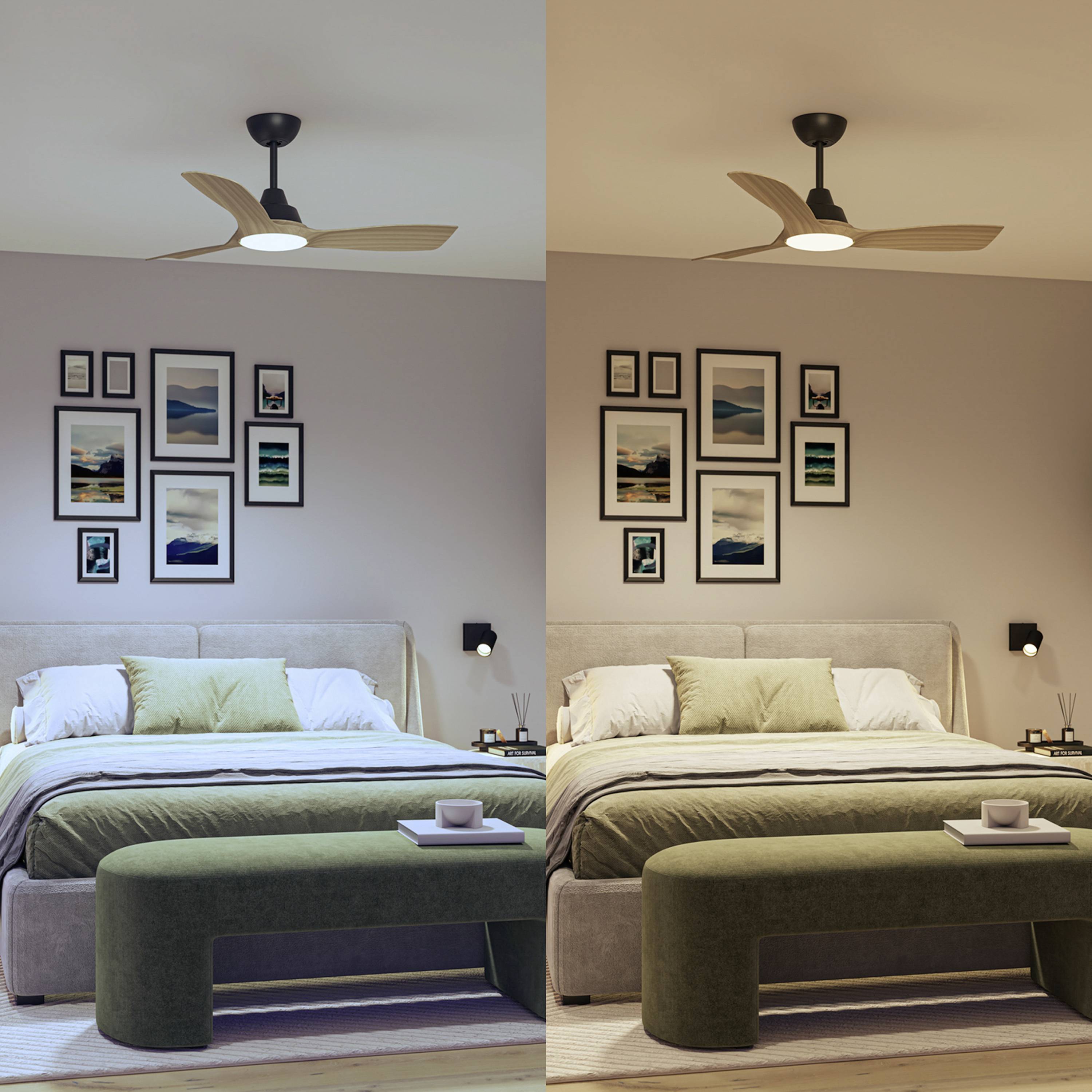 Dwa widoki sypialni w porównaniu: po lewej z chłodniejszym światłem, po prawej z cieplejszym światłem. Różne nastroje świetlne.