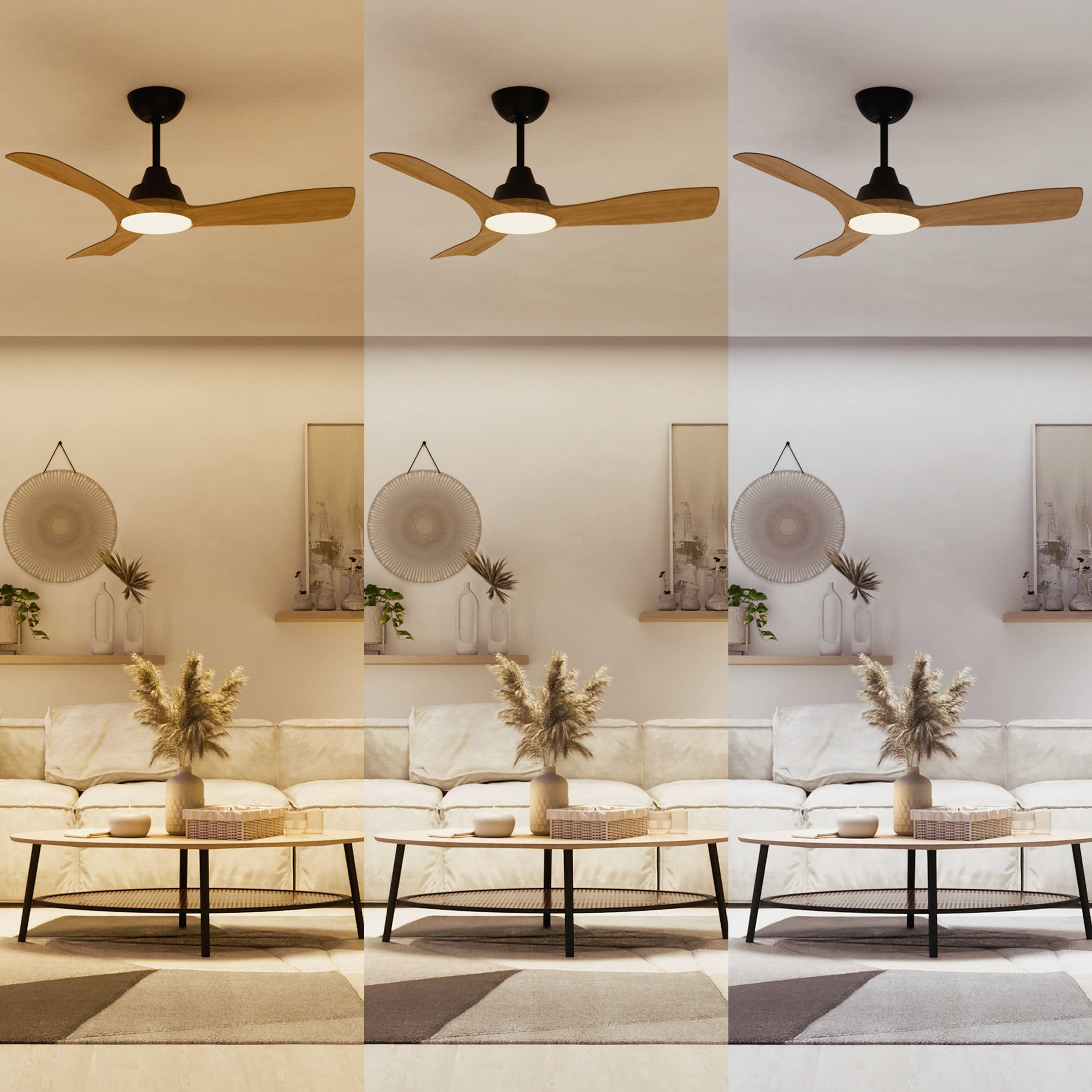 Trzy zdjęcia salonu z wentylatorem sufitowym, każde z innym oświetleniem. Po lewej ciepłe światło, w środku światło dzienne, po prawej zimne światło.