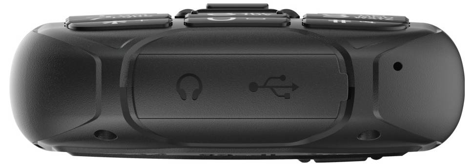 Czarno-białe urządzenie elektroniczne z symbolami USB i słuchawek na górze.